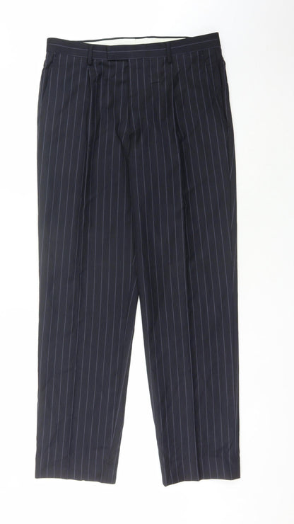 Marks and Spencer Men's Blue Wool Striped Trousers