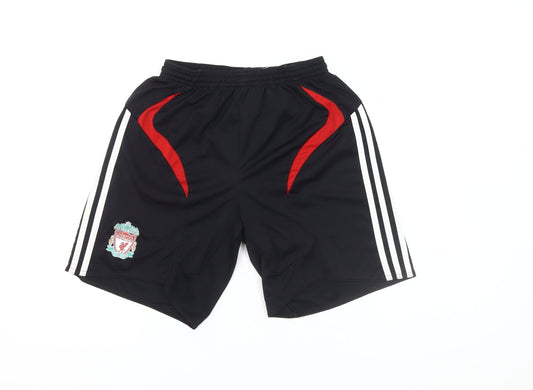 Front view of Adidas boys’ black athletic shorts, size 7-8, football gym