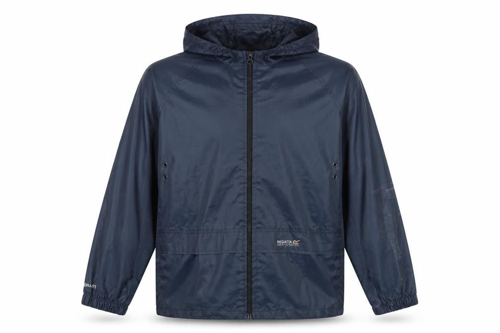 Front view of Regatta boys’ blue windbreaker jacket, hooded, size 9-10