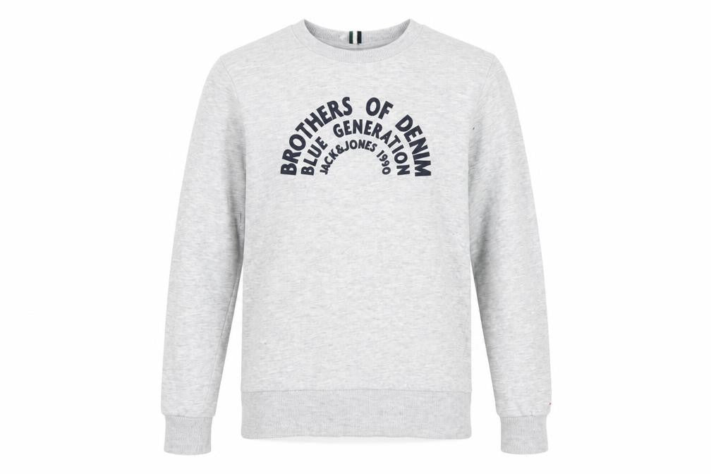 Front view of Jack & Jones boys’ grey pullover sweatshirt, size 12, years