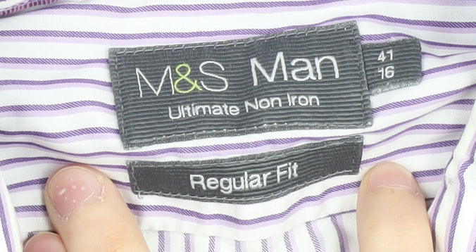 Marks and Spencer Men's Multicoloured Striped Shirt, Regular Fit, Size 16