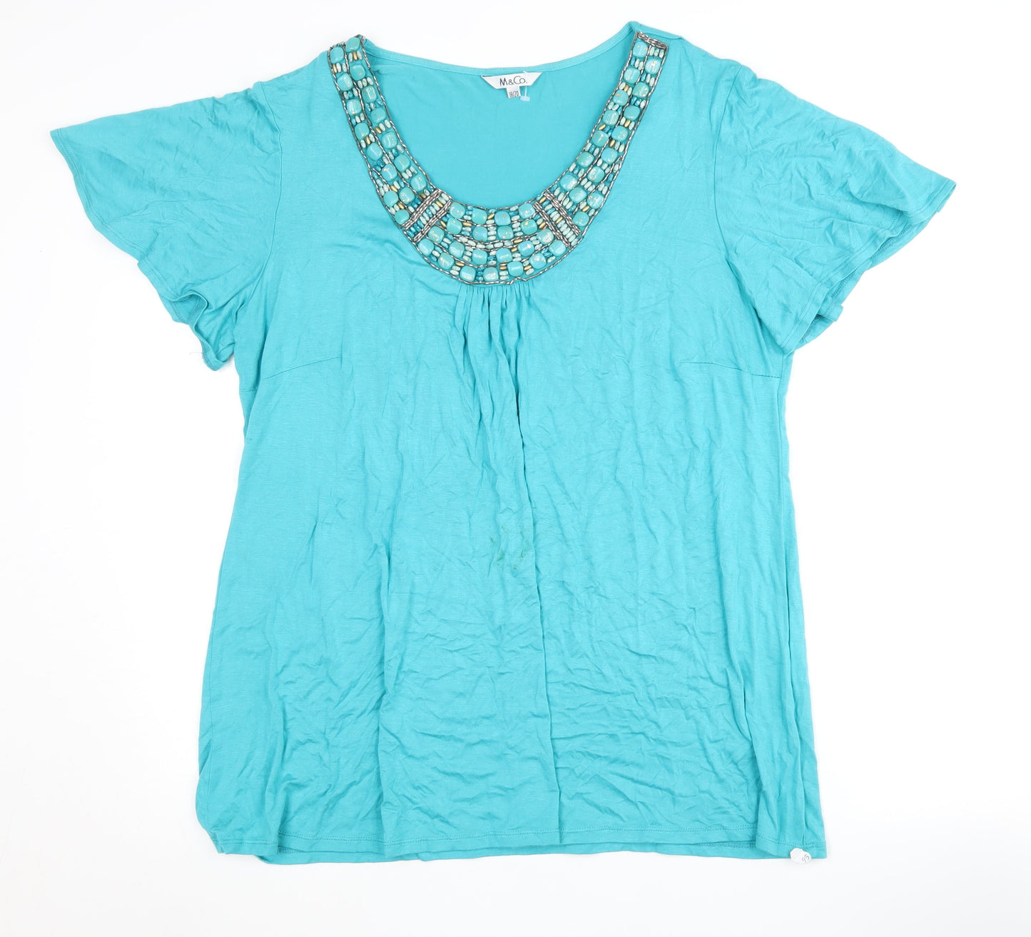 M&Co Women's Blue Beaded Scoop Neck T-Shirt Size 18