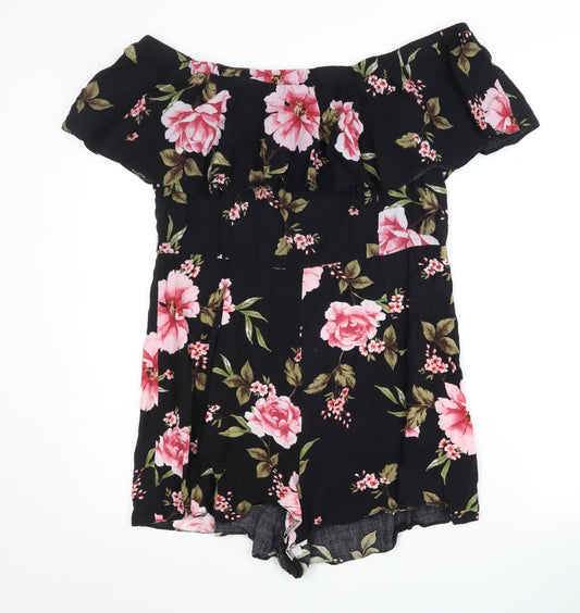 New Look Women's Black Floral Playsuit, UK 18, Short Sleeve