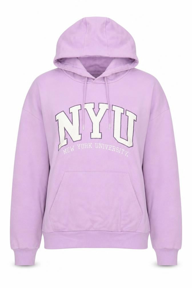 Front view of NYU unisex adults purple pullover hoodie s