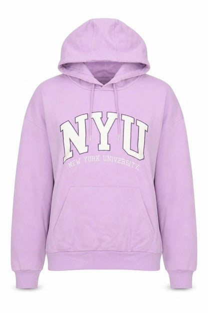 Front view of NYU unisex adults purple pullover hoodie s