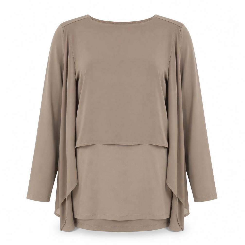 Front view of Wynne Layers Beige Long Sleeve Tunic Blouse - Medium