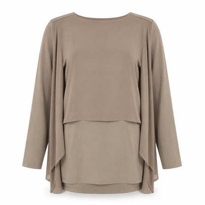 Front view of Wynne Layers Beige Long Sleeve Tunic Blouse - Medium
