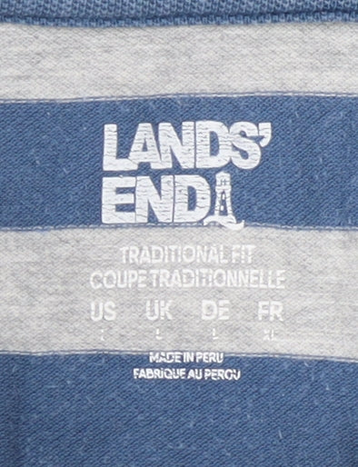 Lands' End Men's Blue Striped Polo Shirt L