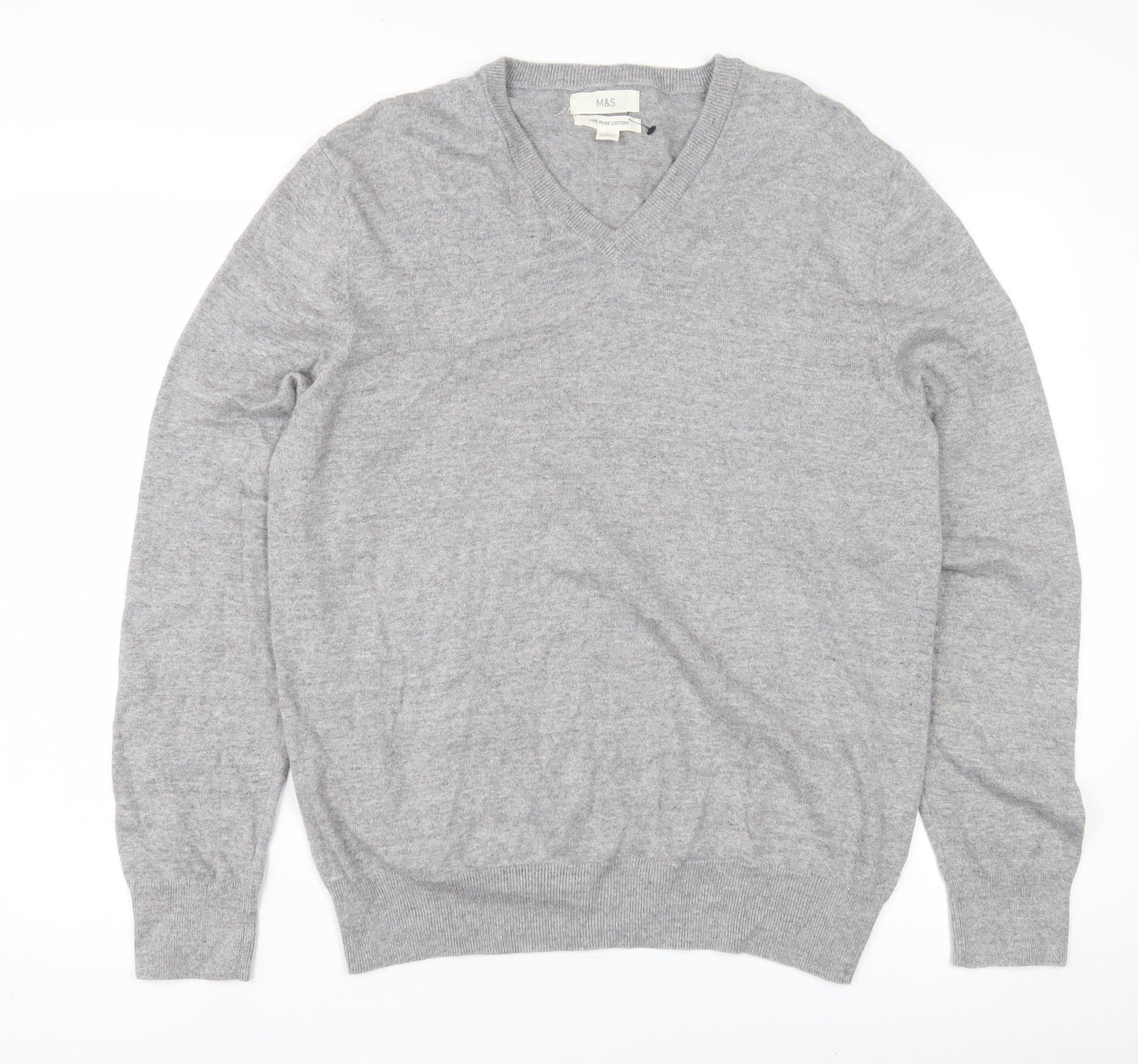 Marks and Spencer Men's Grey V-Neck Cotton Pullover L