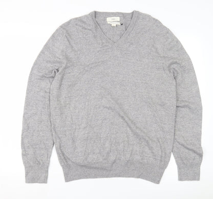 Marks and Spencer Men's Grey V-Neck Cotton Pullover L