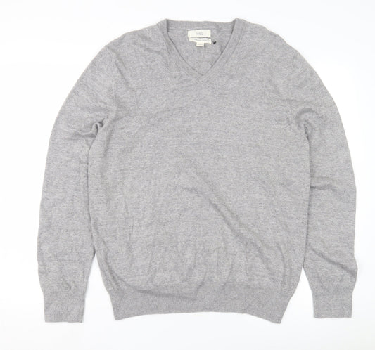 Marks and Spencer Men's Grey V-Neck Cotton Pullover L