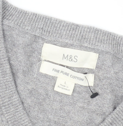 Marks and Spencer Men's Grey V-Neck Cotton Pullover L