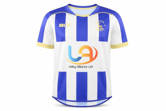 Front view of BLK boys’ blue and white striped football jersey, size 14