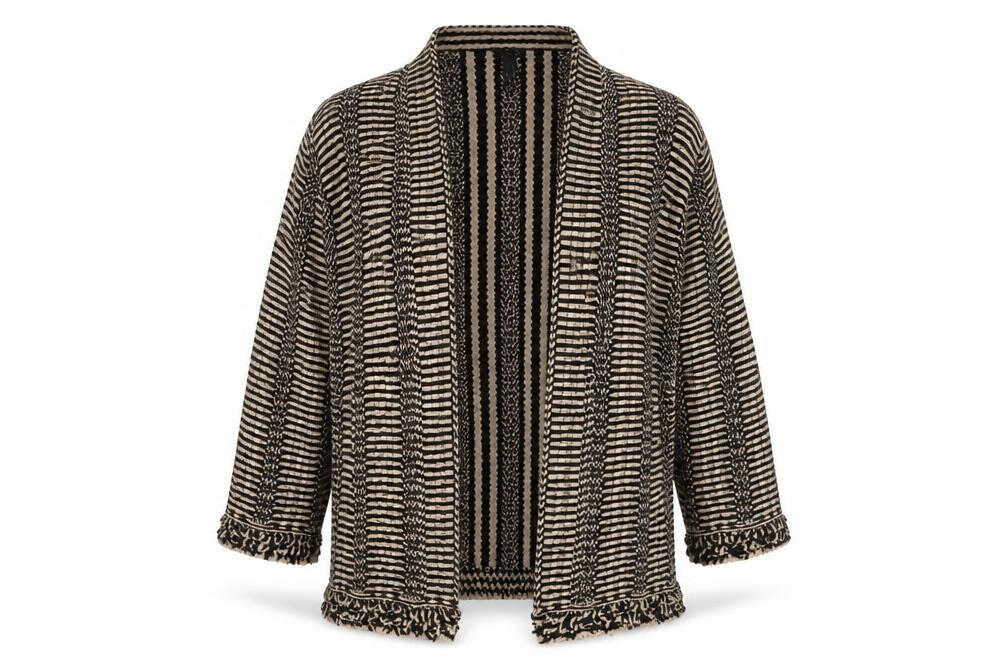 Marc Cain Women's Beige Black Open Front Cardigan, Size 14, Open Striped Style