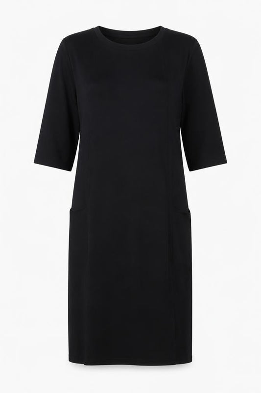 Front view of Jaeger Women's Black S Dress, 3/4 Sleeve, Round Neck