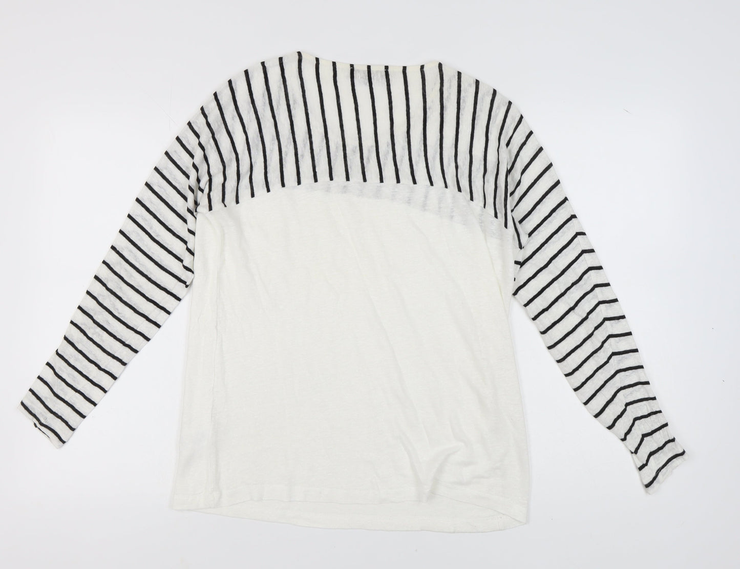 Jaeger Women's Ivory Striped Linen Long Sleeve T-Shirt L