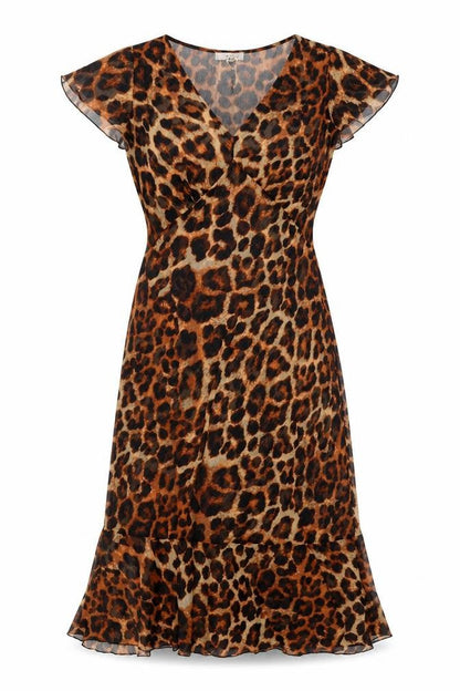 Brown Leopard Print Midi Dress, Size 12 Long, Polyester