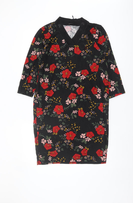 ONLY Women's Black Floral 3/4 Sleeve V-Neck Dress L