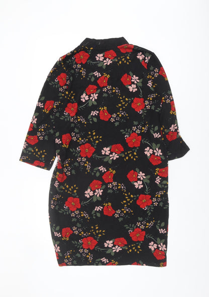 ONLY Women's Black Floral 3/4 Sleeve V-Neck Dress L