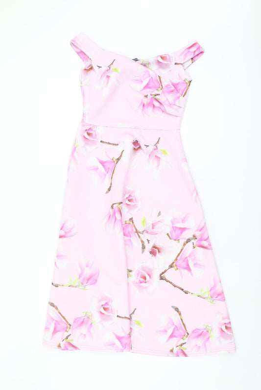 Quiz Women's Pink Floral A-Line Midi Dress Size 8