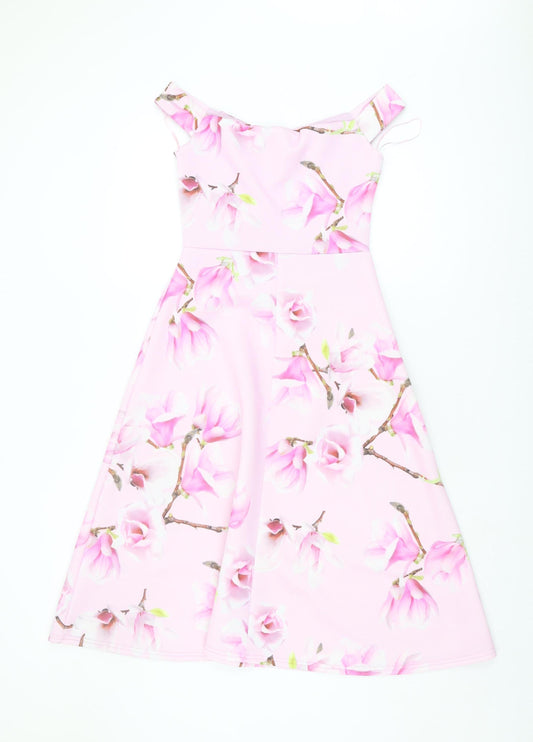 Quiz Women's Pink Floral A-Line Midi Dress Size 8