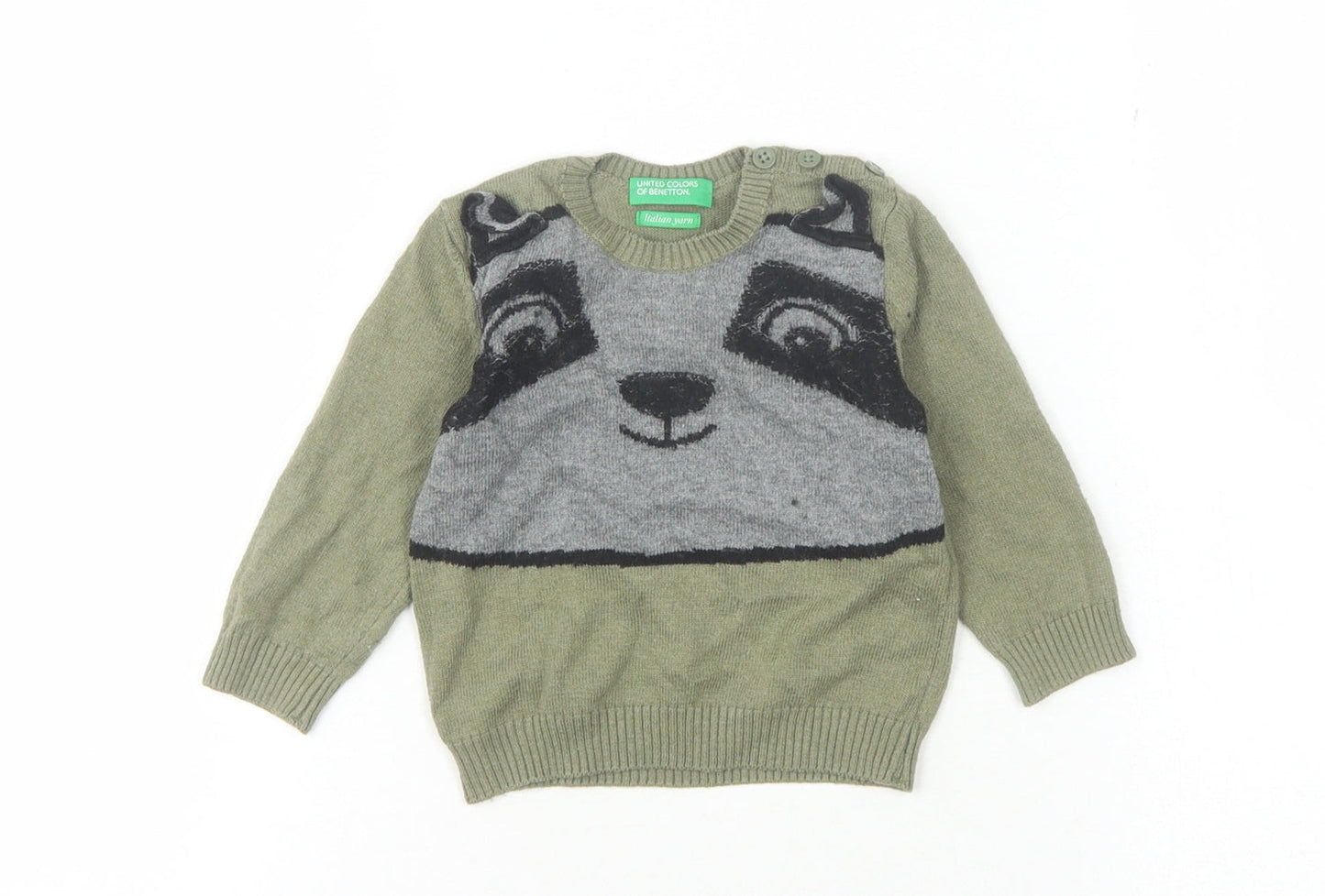 Benetton Unisex Baby Green Animal Jumper 6-9 Months Acrylic Blend