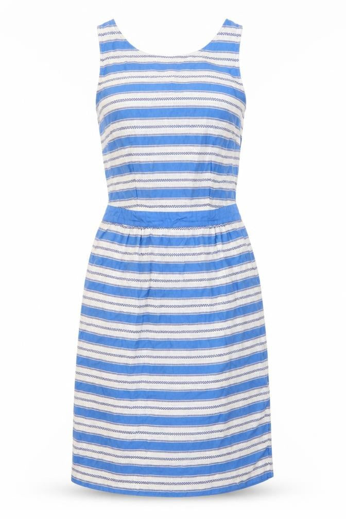Front view of Boden Women Blue Striped Sleeveless Dress, size 10