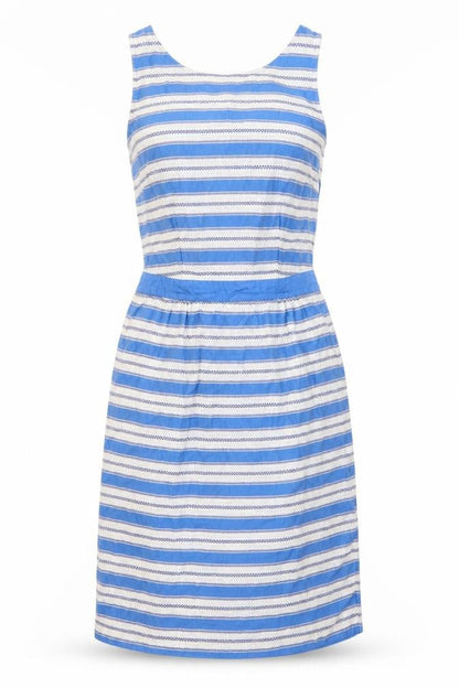 Front view of Boden Women Blue Striped Sleeveless Dress, size 10