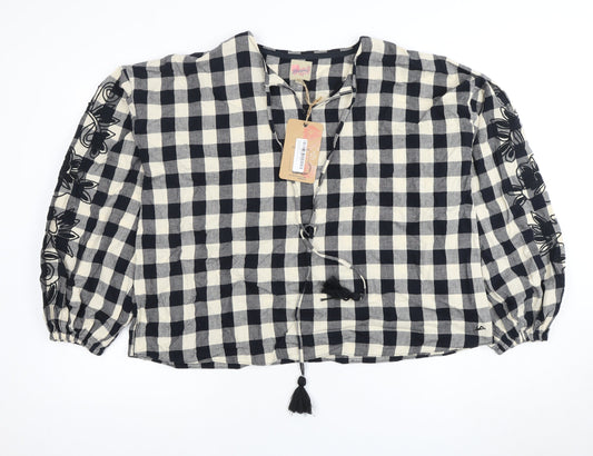 Mantaray Women Black Check Blouse with Embroidery