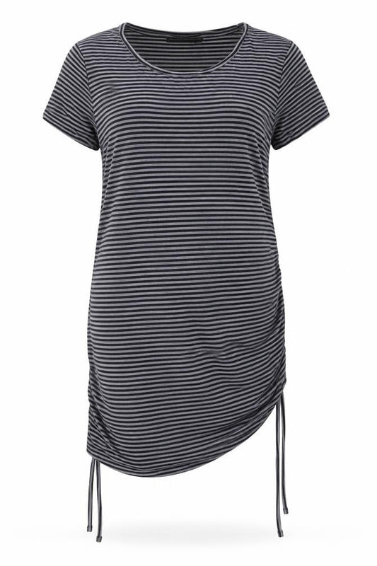 Front view of Joro Maman Bebe Grey Striped T-Shirt Dress, size 12