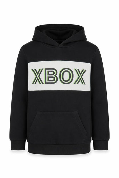 Front view of XBOX boys’ black pullover hoodie 9-10 years gaming logo