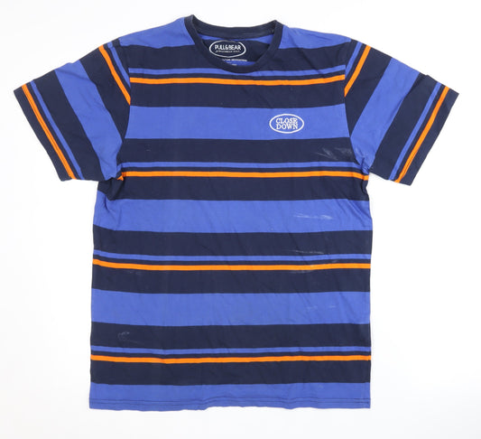 Pull & Bear Men's M Blue Striped T-Shirt
