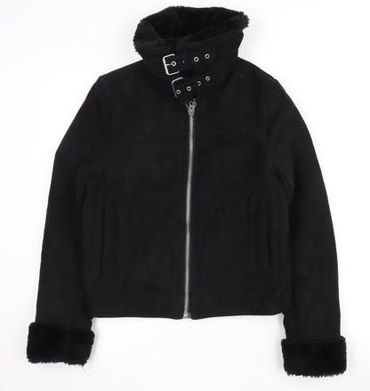 H&M Women's Black Biker Jacket Size 6 - Belted & Lined