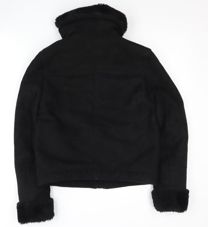H&M Women's Black Biker Jacket Size 6 - Belted & Lined