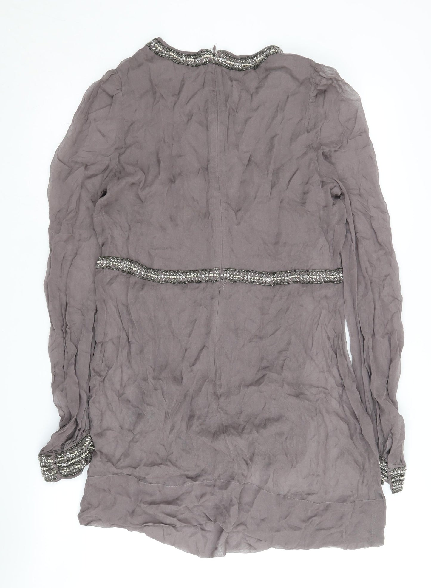 French Connection Women's Grey Silk Embroidered V-Neck Top