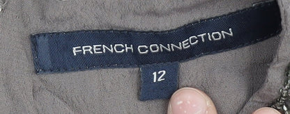 French Connection Women's Grey Silk Embroidered V-Neck Top
