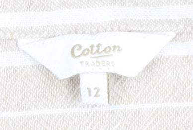 Cotton Traders Women's Beige Striped 3/4 Sleeve Top