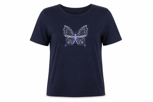 Front view of Anne de Lancay Women's Black Butterfly T-Shirt M