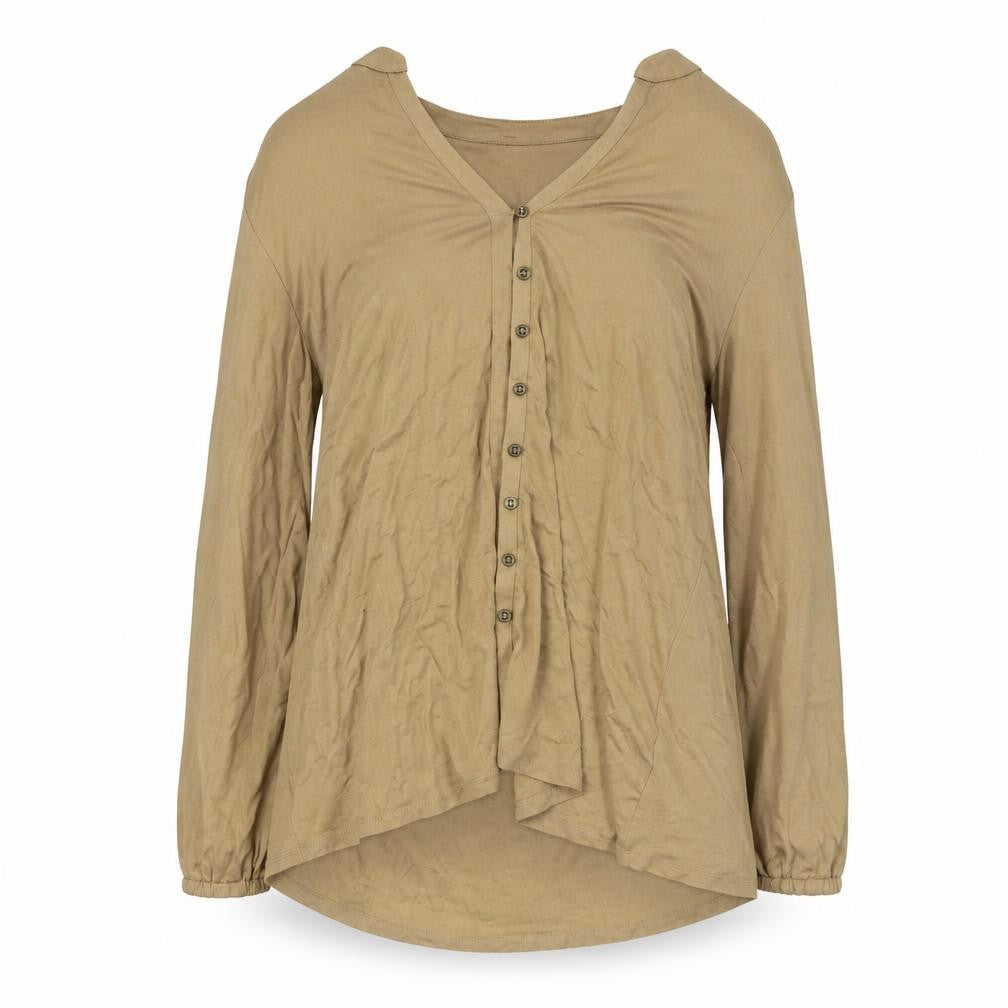 Jones New York Women's Beige Button-Up V-Neck Top, L