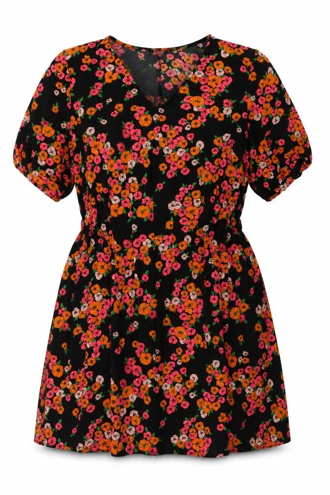 Front view of JDWilliams Women's Black Floral V-Neck Dress