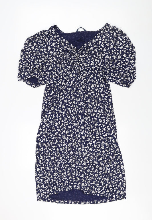 Next Women's Blue Floral A-Line Puff Sleeve Dress