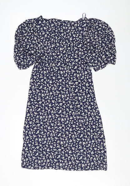 Next Women's Blue Floral A-Line Puff Sleeve Dress