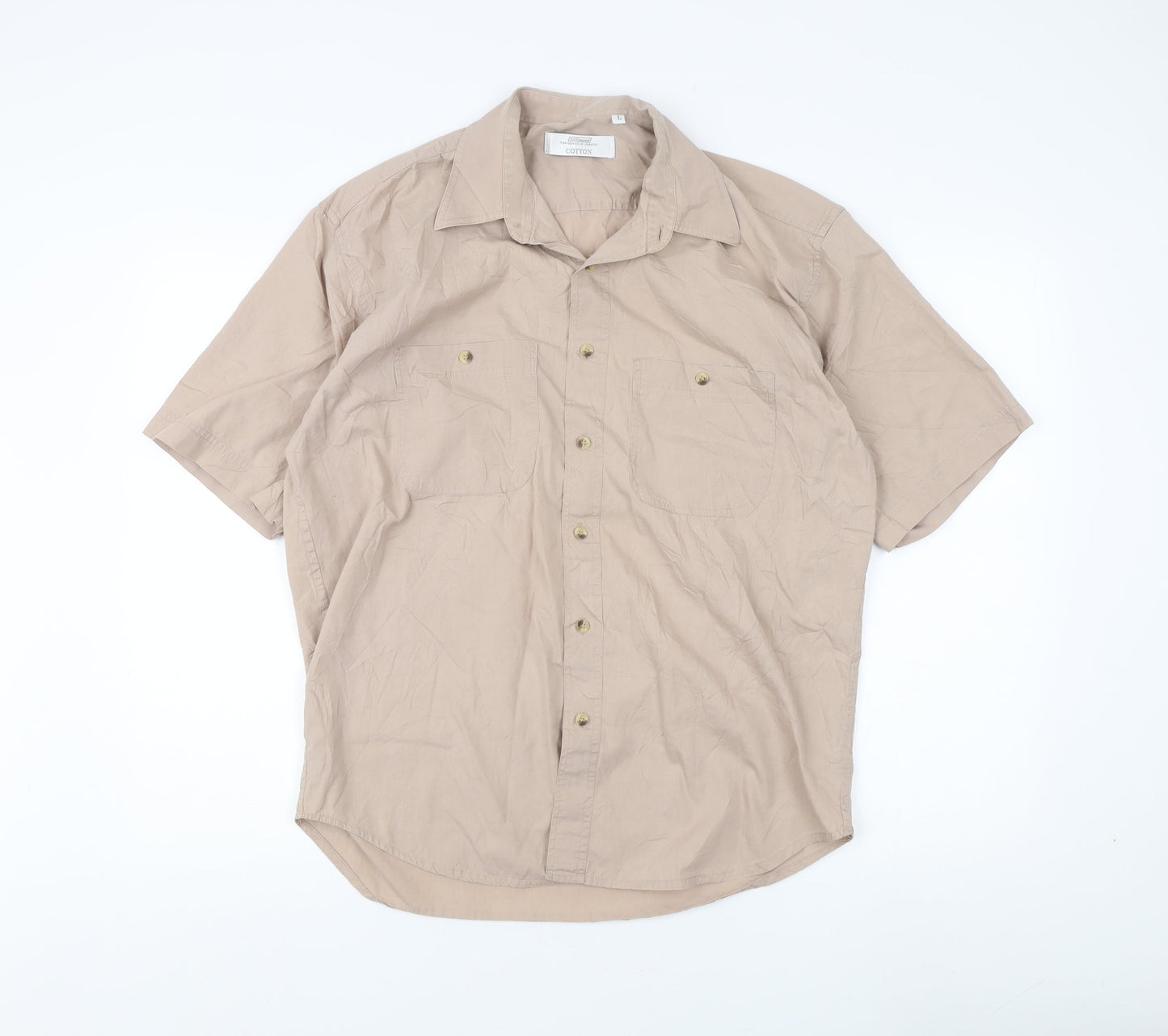 St. Bernard Men's Beige Short Sleeve Button-Up Shirt L