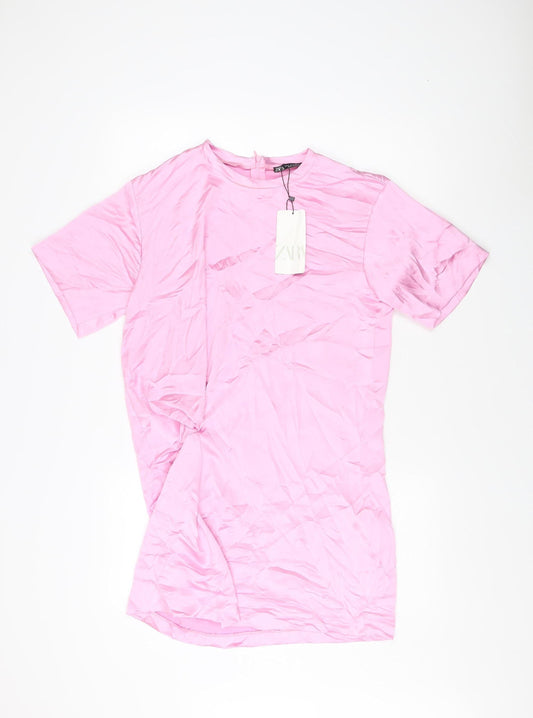 Zara Women's Pink Short Sleeve Crew Neck Dress