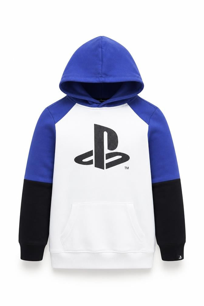 Front view of PlayStation boys’ blue pullover hoodie 4-5 years