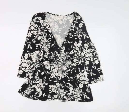 East Women's Black Floral V-Neck Top Size 14