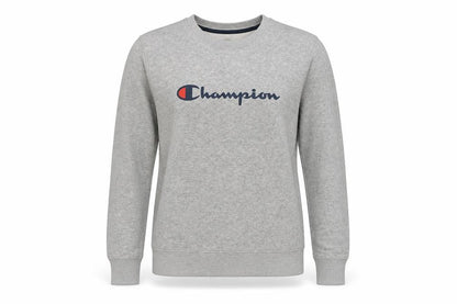 Front view of Champion unisex grey pullover sweatshirt, size M