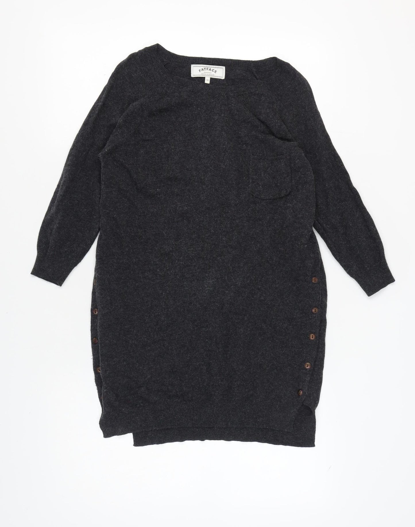 Fat Face Women's Black Tunic Jumper, Size 10, Button Accents