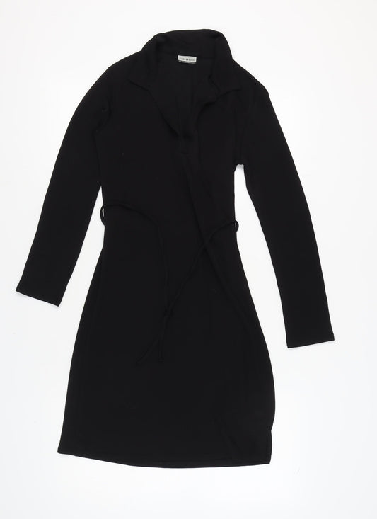Clockhouse Black Collared Dress with Tie, Size 10, Long Sleeve