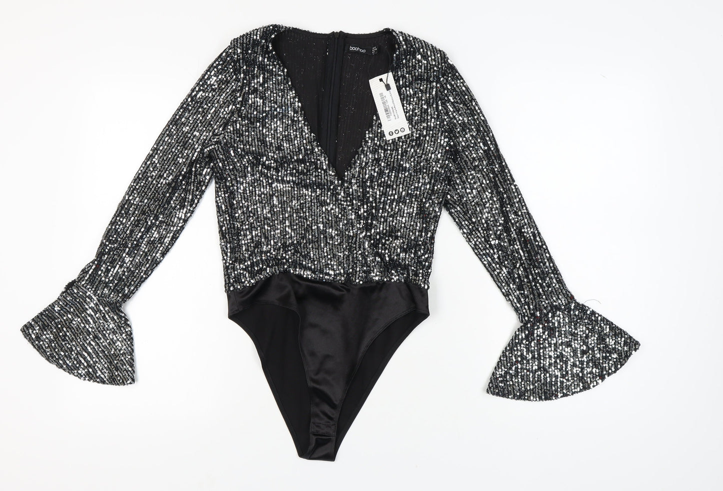 Boohoo Women's Black Sequin Bodysuit, Size 10, Party Vibe